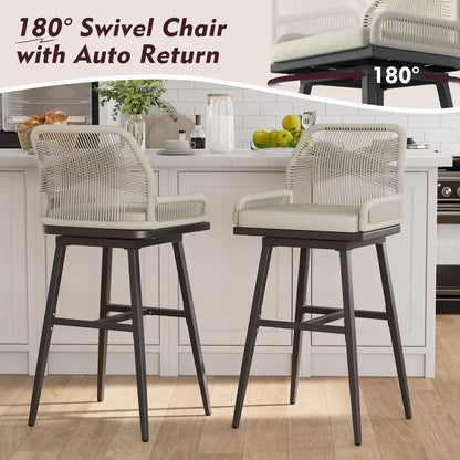 26/30 Inch Swivel Rattan Counter Height Bar Stools with Boho Woven Rope Back