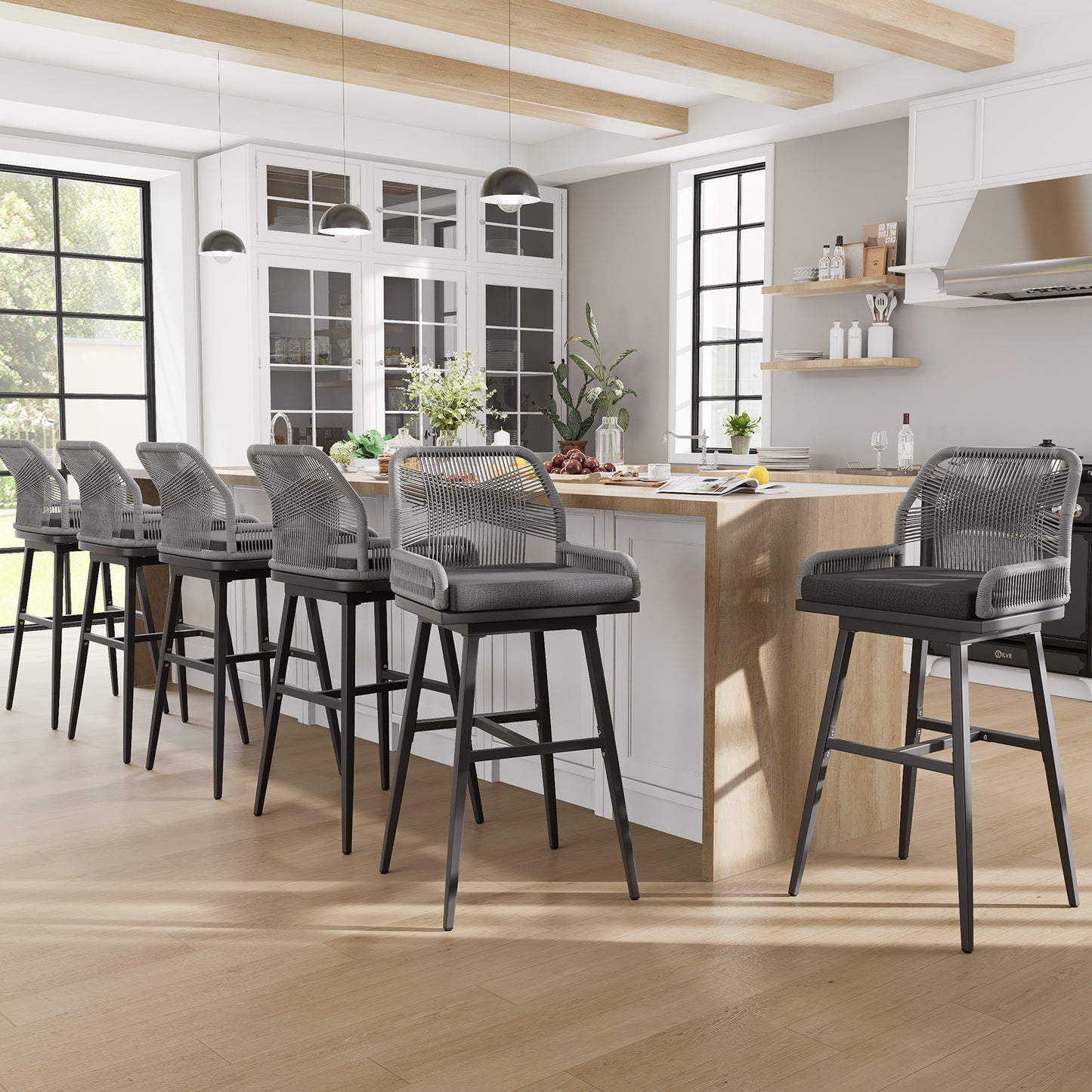 26/30 Inch Swivel Rattan Counter Height Bar Stools with Boho Woven Rope Back