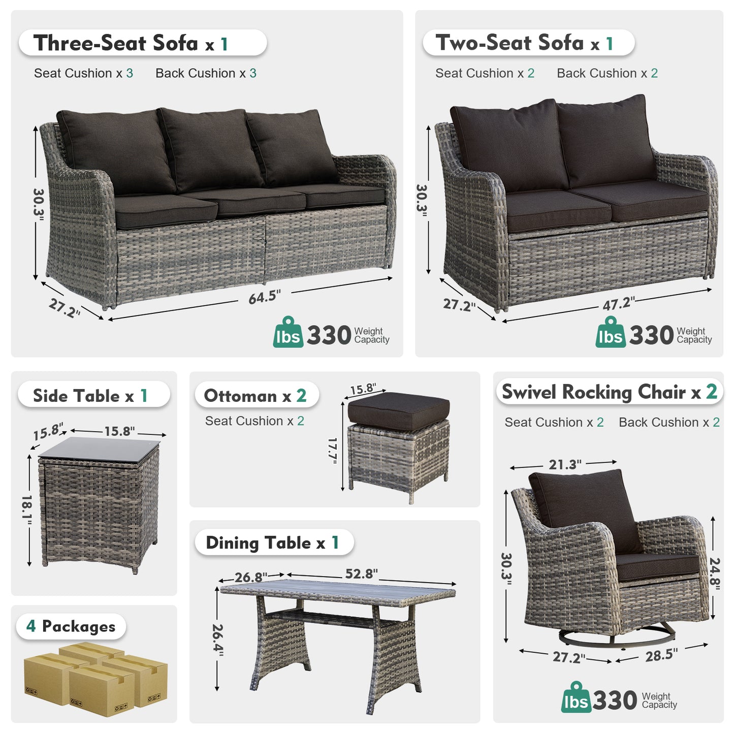 8 Piece Outdoor Rattan Patio Furniture Set, Swivel Chairs with Dining Table  (YK-6013-C4)