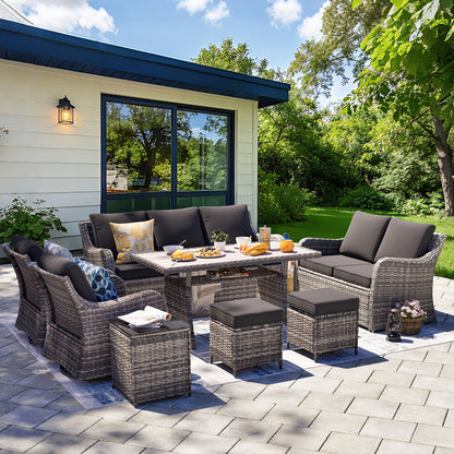 8 Piece Outdoor Rattan Patio Furniture Set, Swivel Chairs with Dining Table  (YK-6013-C4)
