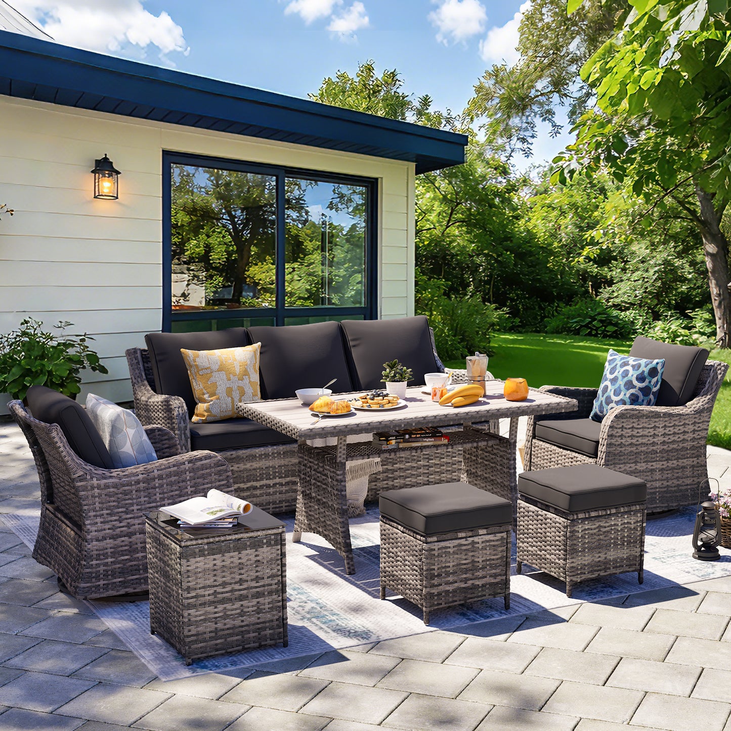 7 Piece Outdoor Rattan Patio Furniture Set, Swivel Chairs with Dining Table  (YK-6013-C1)