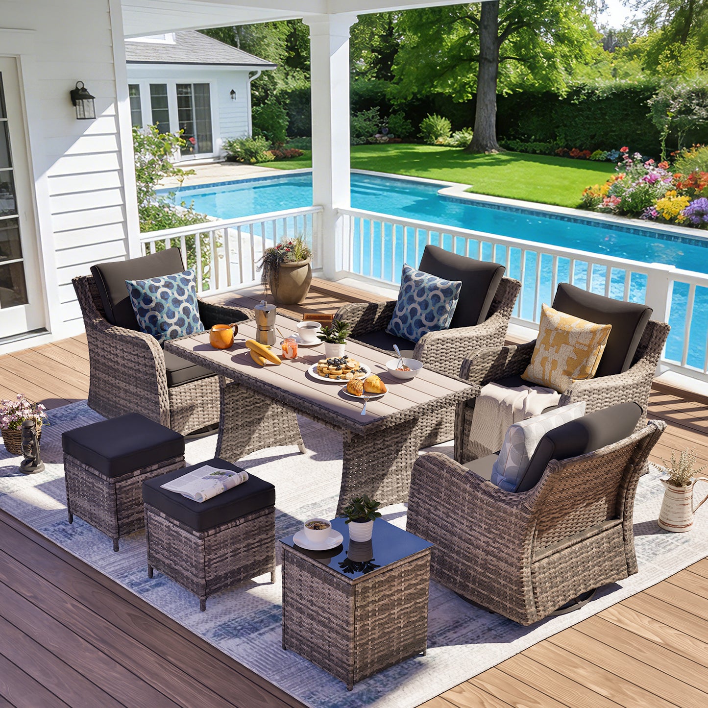 7 Piece Outdoor Rattan Patio Furniture Set, Swivel Chairs with Dining Table  (YK-6013-C2)