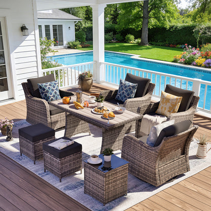 7 Piece Outdoor Rattan Patio Furniture Set, Swivel Chairs with Dining Table  (YK-6013-C2)