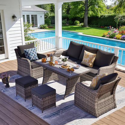 6 Piece Outdoor Rattan Patio Furniture Set, Single Chairs with Dining Table  (YK-6013-C5)