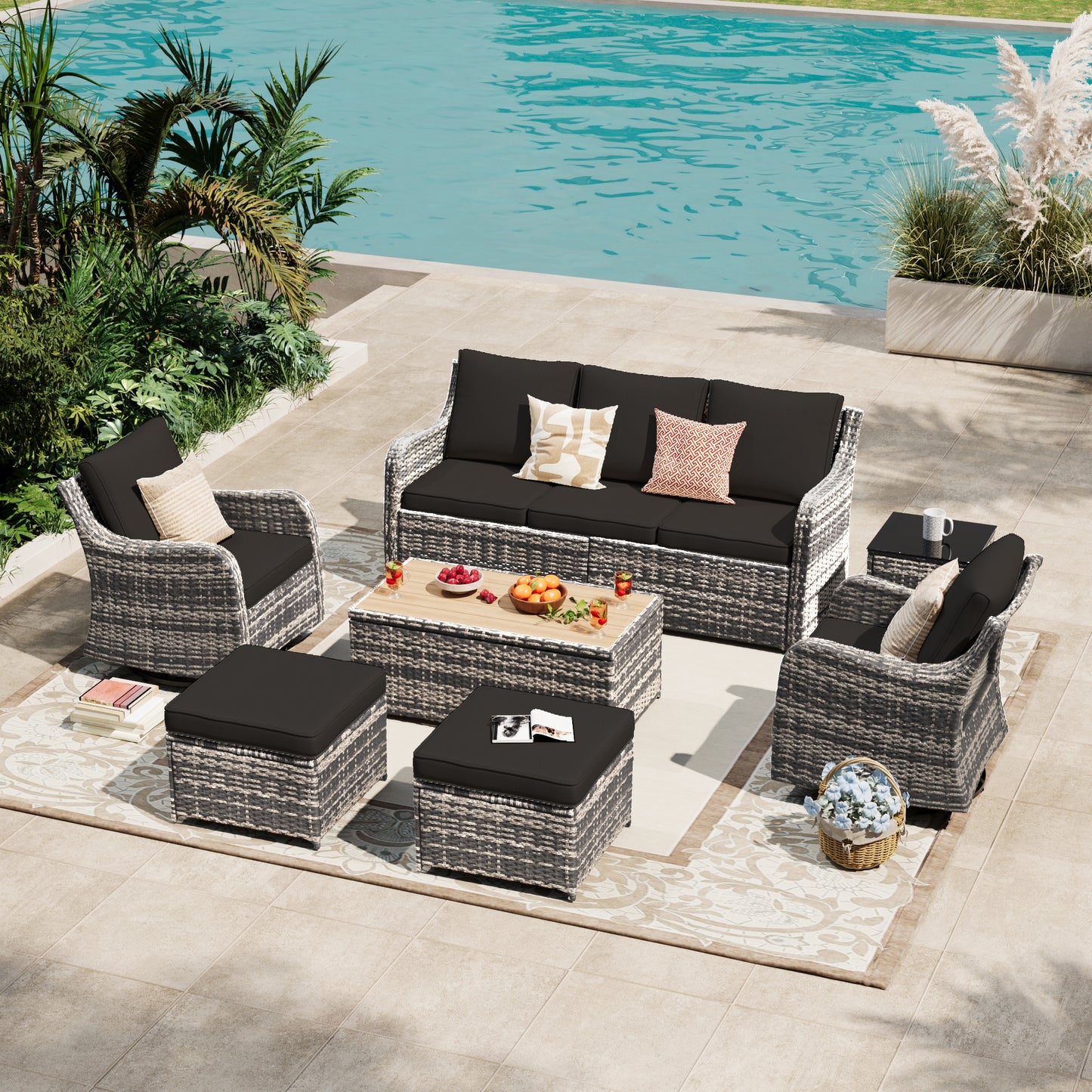 7 Piece Outdoor Rattan Patio Furniture Set, Swivel Rocker Chairs with Coffee Table  (YK-6013-A1)
