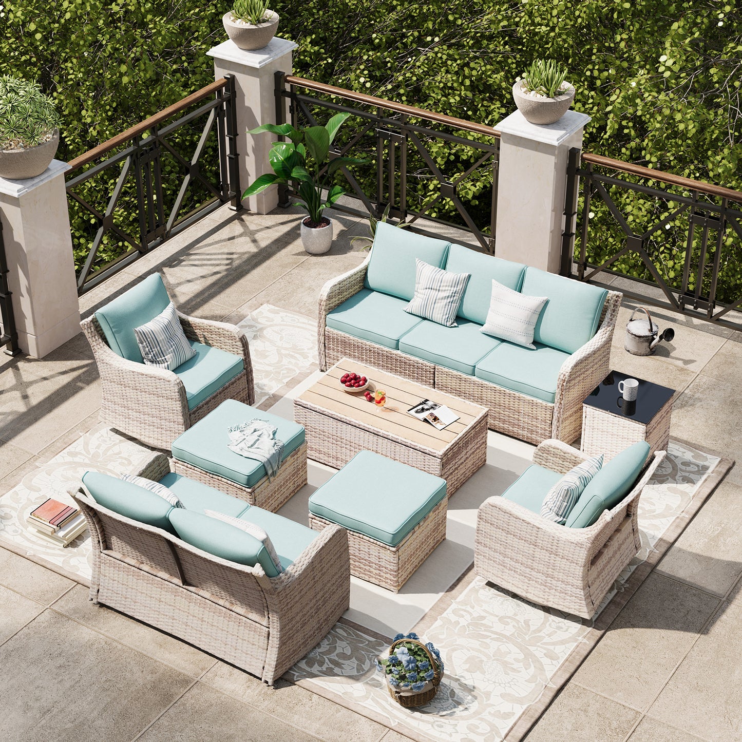 8 Piece Outdoor Rattan Patio Furniture Set, Swivel Rocker Chairs with Loveseat  (YK-6013-A4)