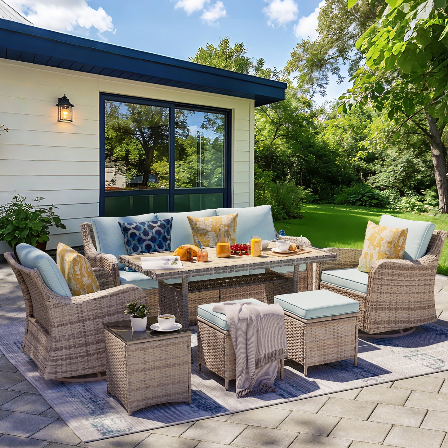 7 Piece Outdoor Rattan Patio Furniture Set, Swivel Chairs with Dining Table  (YK-6013-C1)