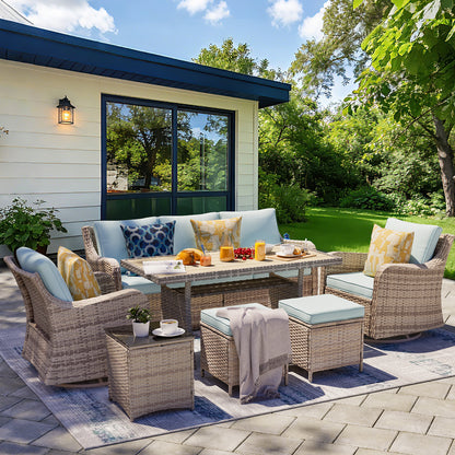 7 Piece Outdoor Rattan Patio Furniture Set, Swivel Chairs with Dining Table  (YK-6013-C1)