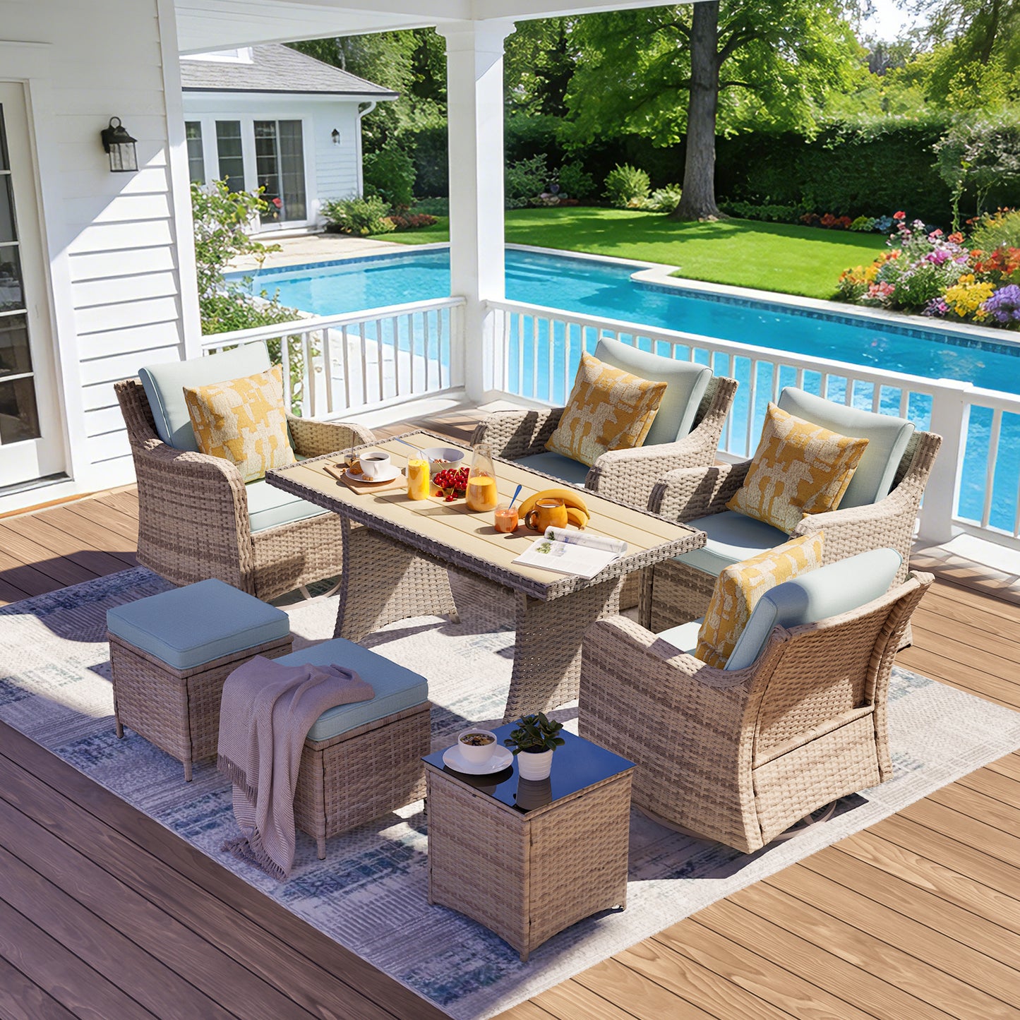 7 Piece Outdoor Rattan Patio Furniture Set, Swivel Chairs with Dining Table  (YK-6013-C2)