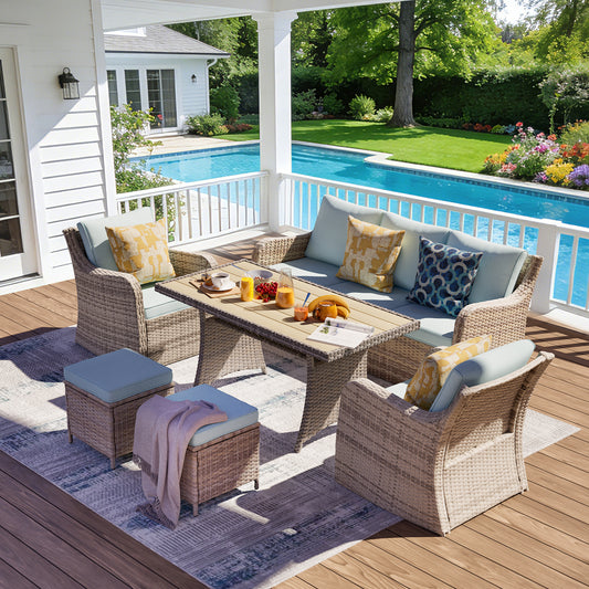 6 Piece Outdoor Rattan Patio Furniture Set, Single Chairs with Dining Table  (YK-6013-C5)