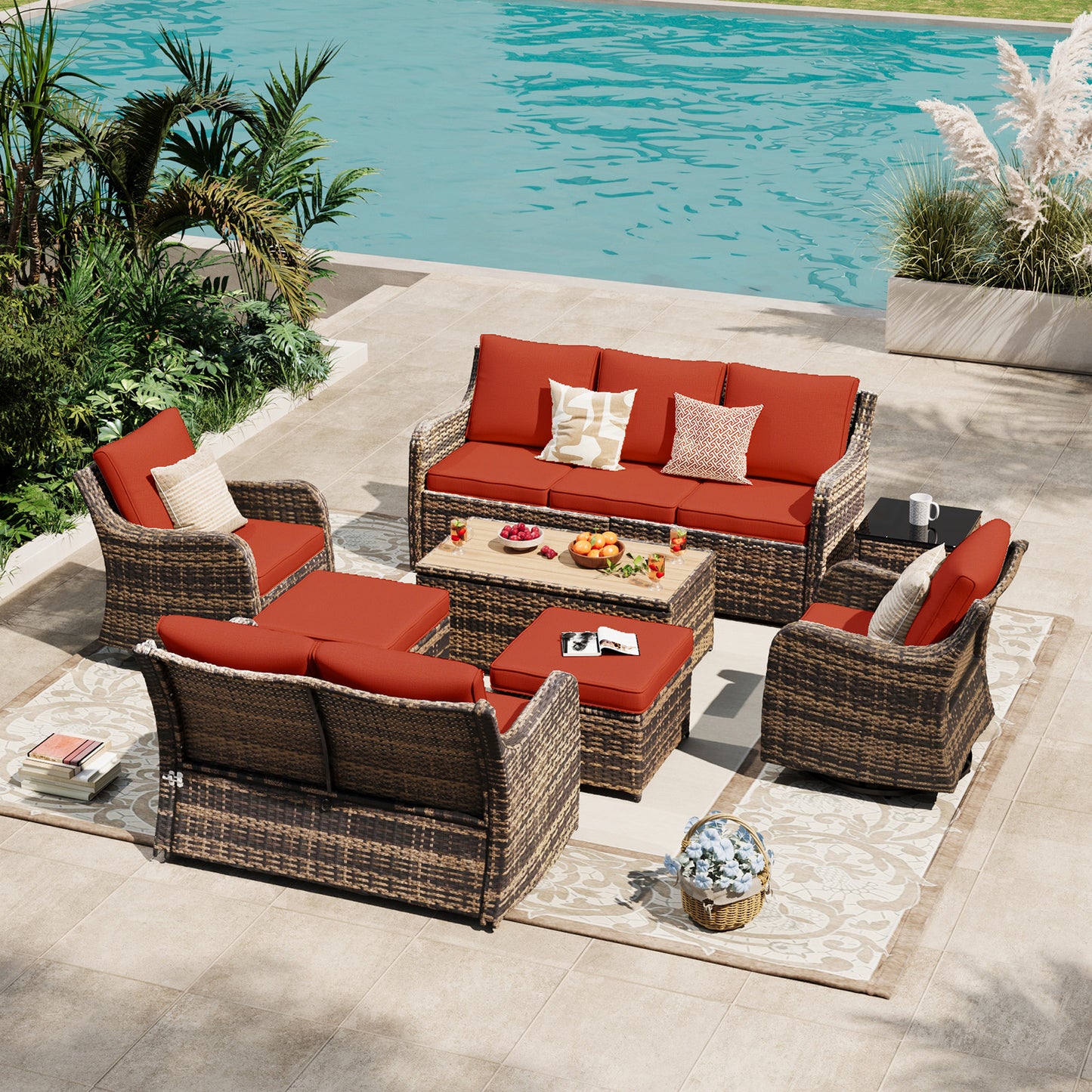 8 Piece Outdoor Rattan Patio Furniture Set, Swivel Rocker Chairs with Loveseat  (YK-6013-A4)