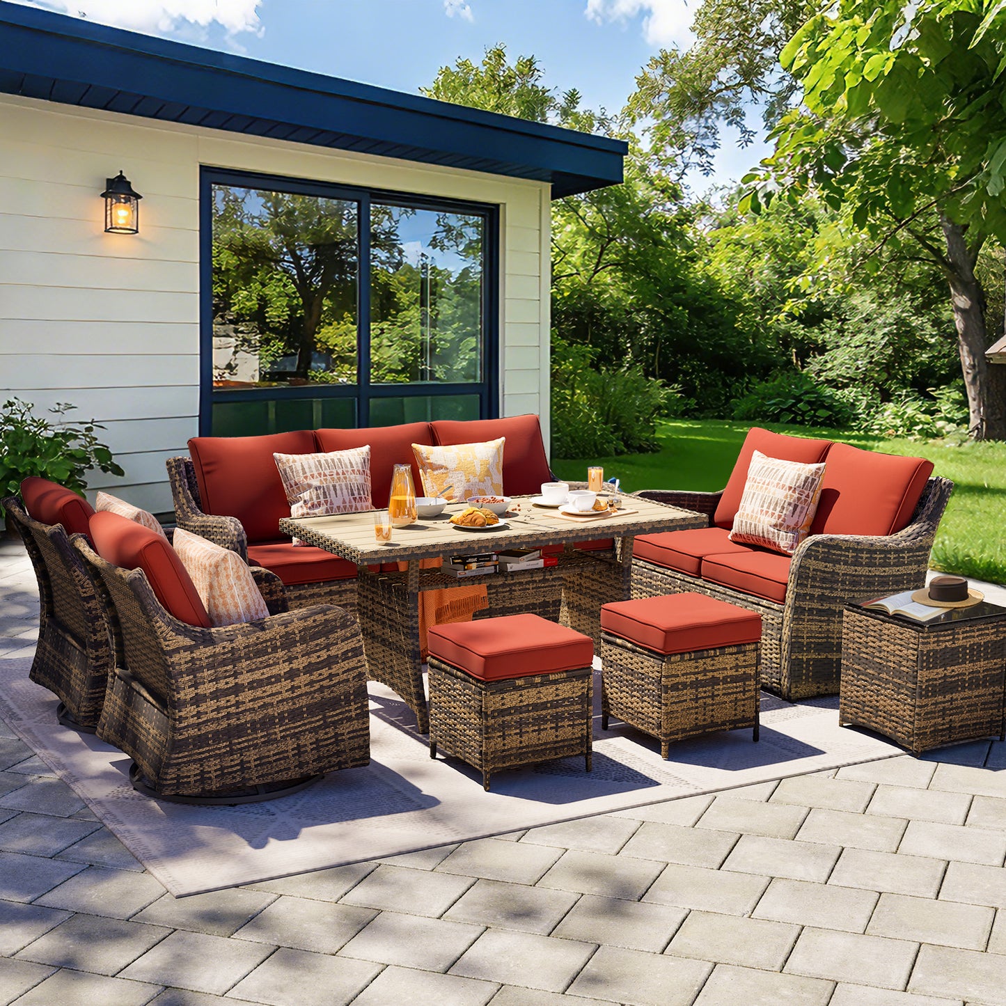 8 Piece Outdoor Rattan Patio Furniture Set, Swivel Chairs with Dining Table  (YK-6013-C4)