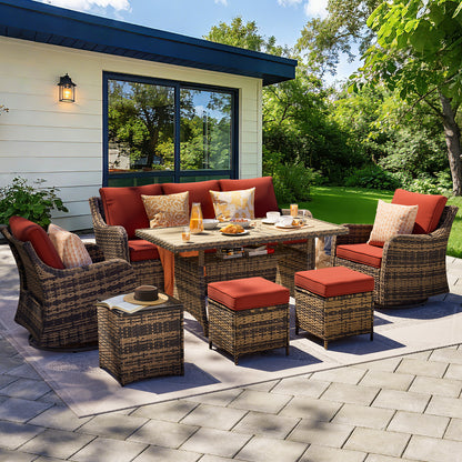 7 Piece Outdoor Rattan Patio Furniture Set, Swivel Chairs with Dining Table  (YK-6013-C1)
