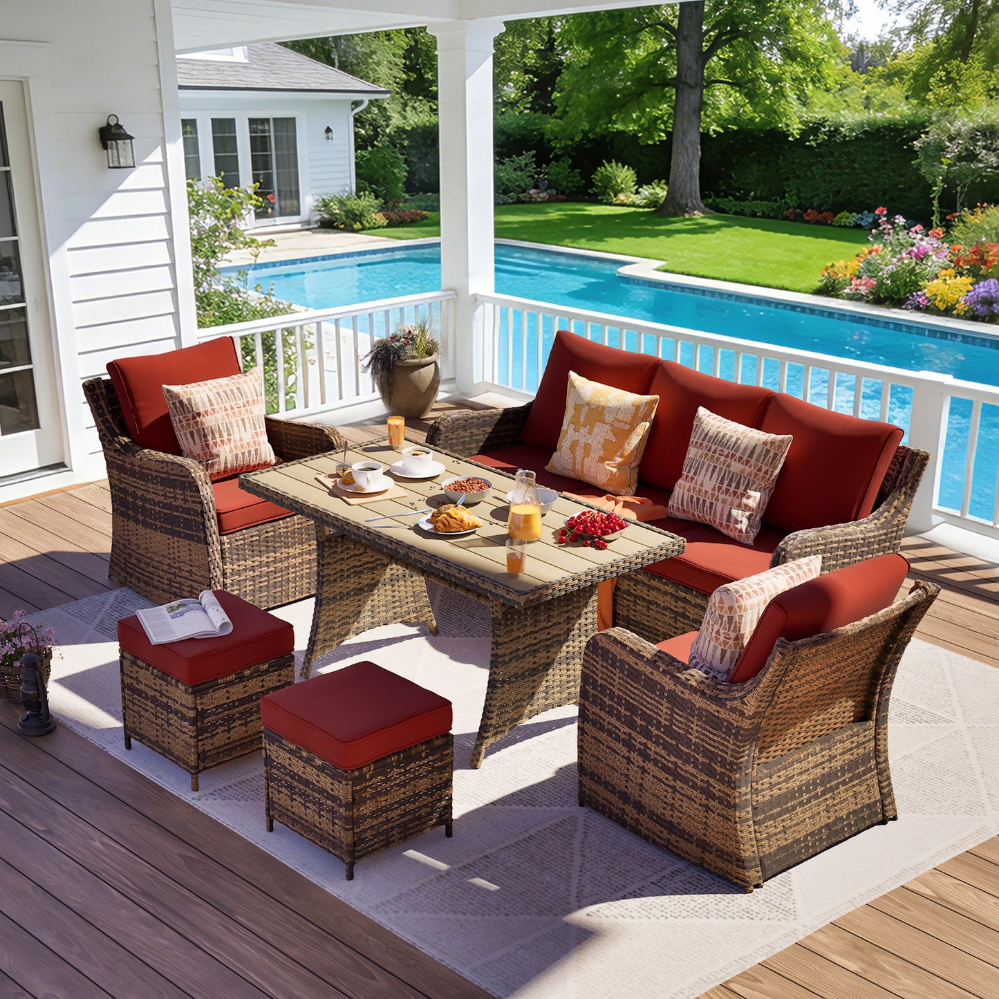 6 Piece Outdoor Rattan Patio Furniture Set, Single Chairs with Dining Table  (YK-6013-C5)
