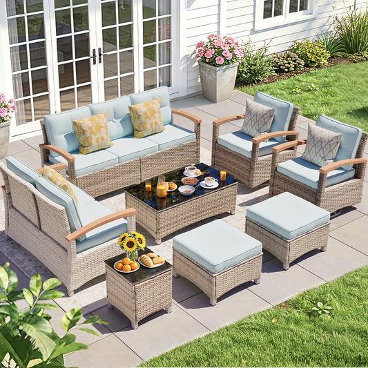 8 Pieces Wooden Handrail Patio Furniture Sets,  Outdoor Conversation Sets with Loveseat (YK-6015-A4)