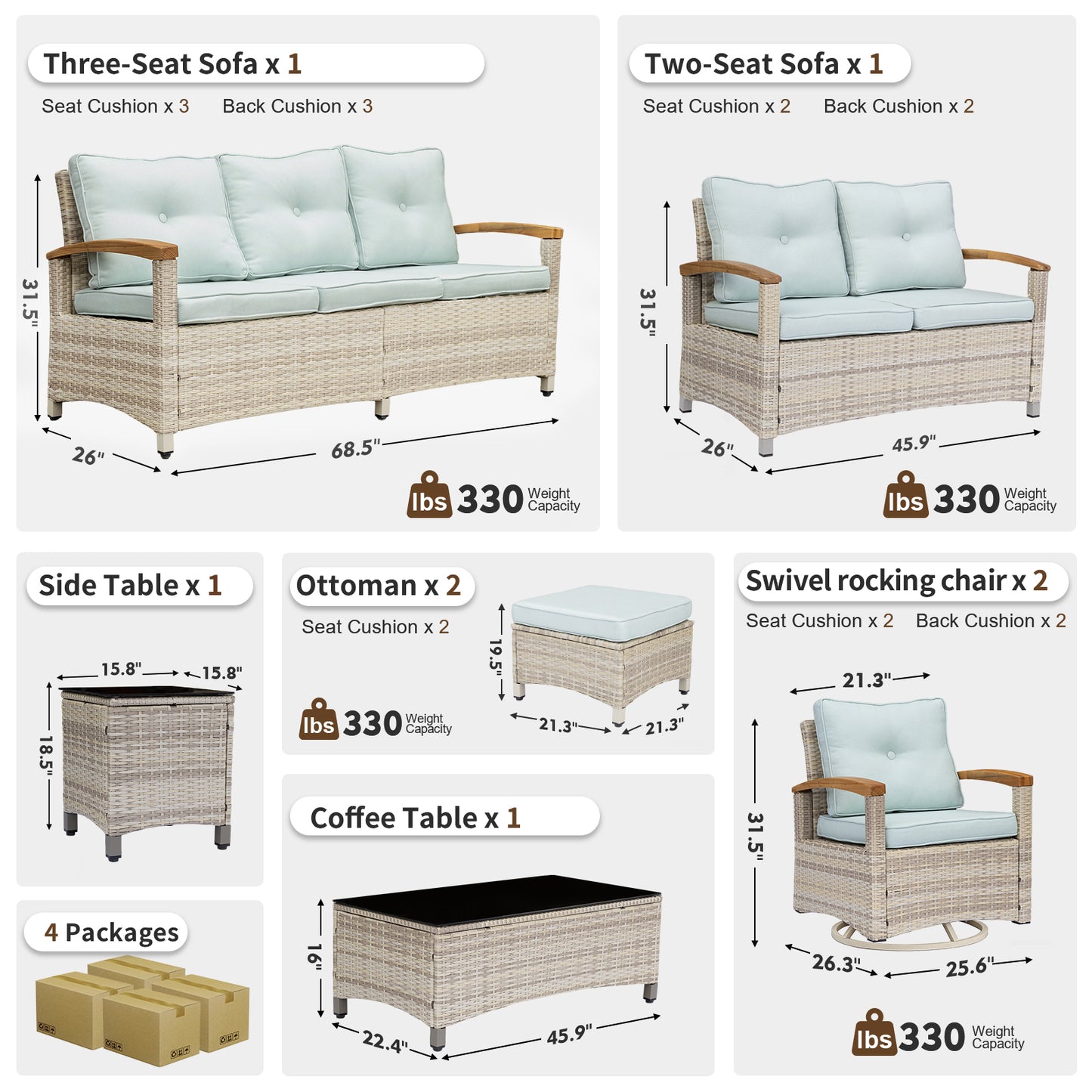 8 Pieces Wooden Handrail Patio Furniture Sets,  Outdoor Conversation Sets with Loveseat (YK-6015-A4)