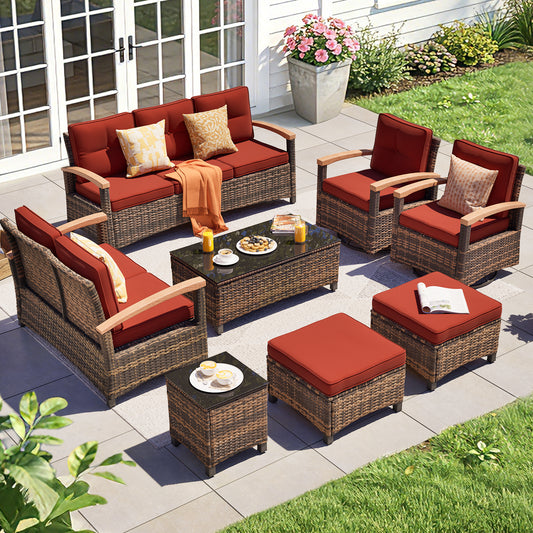 8 Pieces Wooden Handrail Patio Furniture Sets,  Outdoor Conversation Sets with Loveseat (YK-6015-A4)