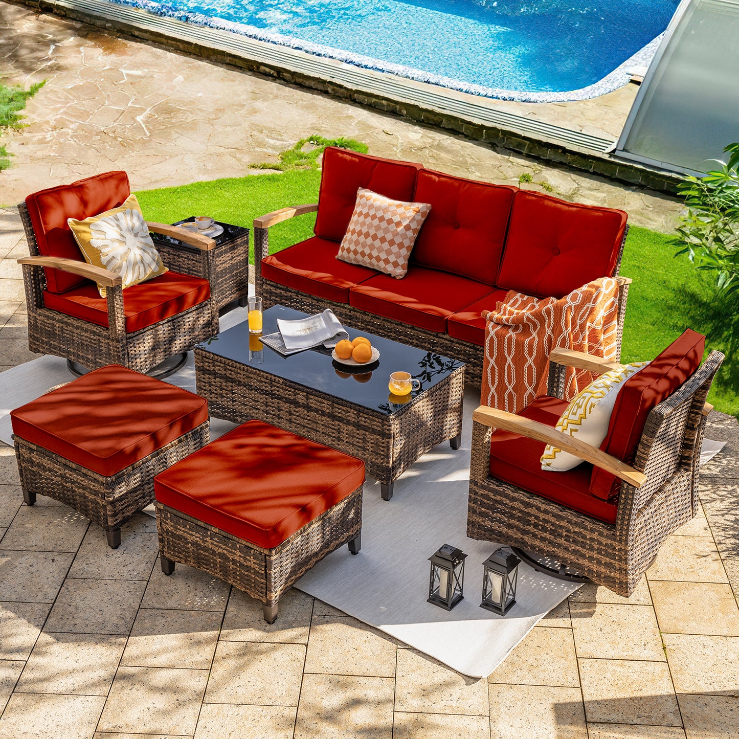 7 Pieces Wooden Handrail Patio Furniture Sets,  Outdoor Conversation Sets with Coffee Table (YK-6015-A1)