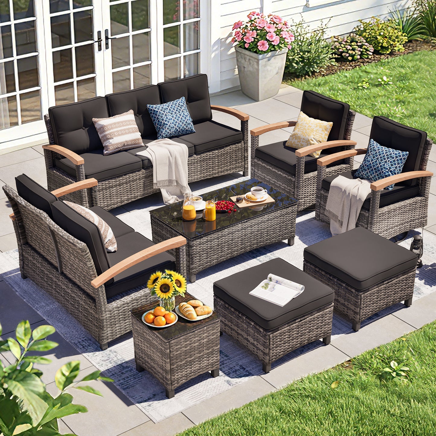 8 Pieces Wooden Handrail Patio Furniture Sets,  Outdoor Conversation Sets with Loveseat (YK-6015-A4)