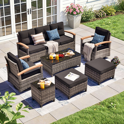 7 Pieces Wooden Handrail Patio Furniture Sets,  Outdoor Conversation Sets with Coffee Table (YK-6015-A1)