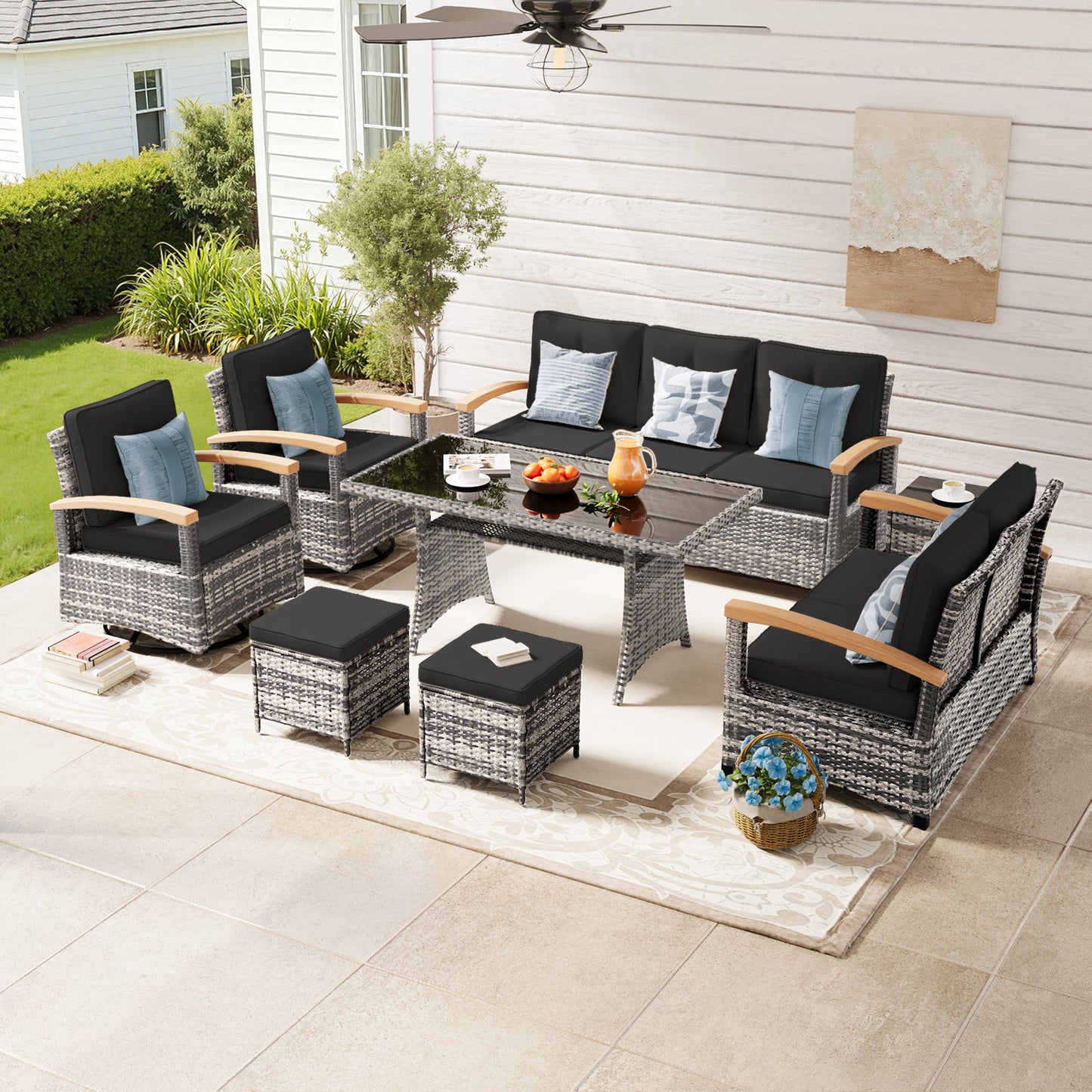 8 Pieces Patio Furniture Sets,  Outdoor Rattan Furniture Conversation Sets with Loveseat(YK-6015-C4)