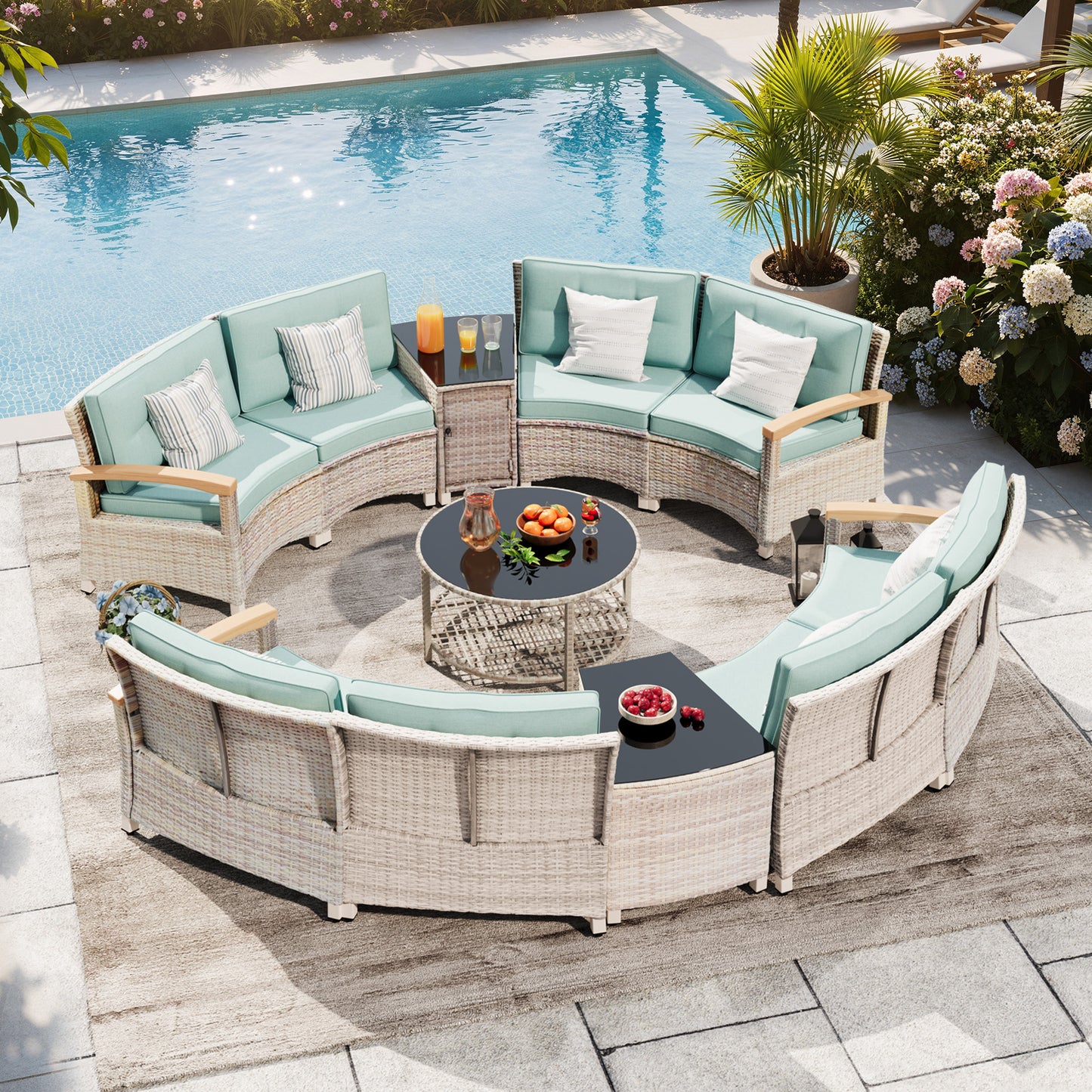 11 Piece Outdoor Half-Moon Sectional Patio Furniture Set  (YK-6016-A6)