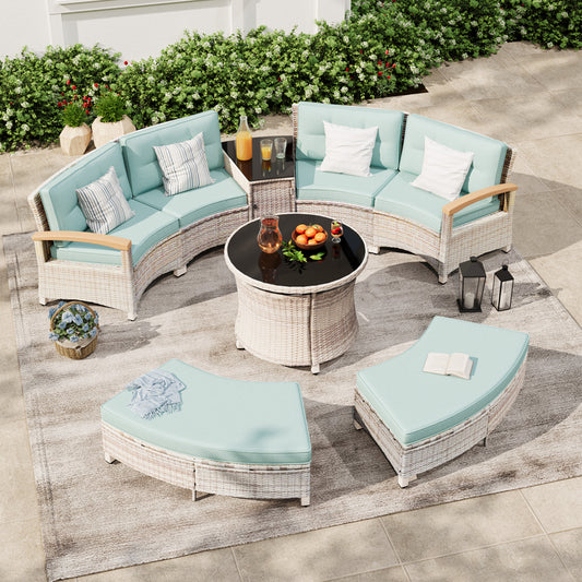 8 Pcs Half-Moon Rattan Outdoor Patio Furniture Set with Round Dining Table  (YK-6016-B1)