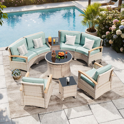 9 Piece Outdoor Half-Moon Sectional Patio Furniture Set with Dining Table  (YK-6016-B2)