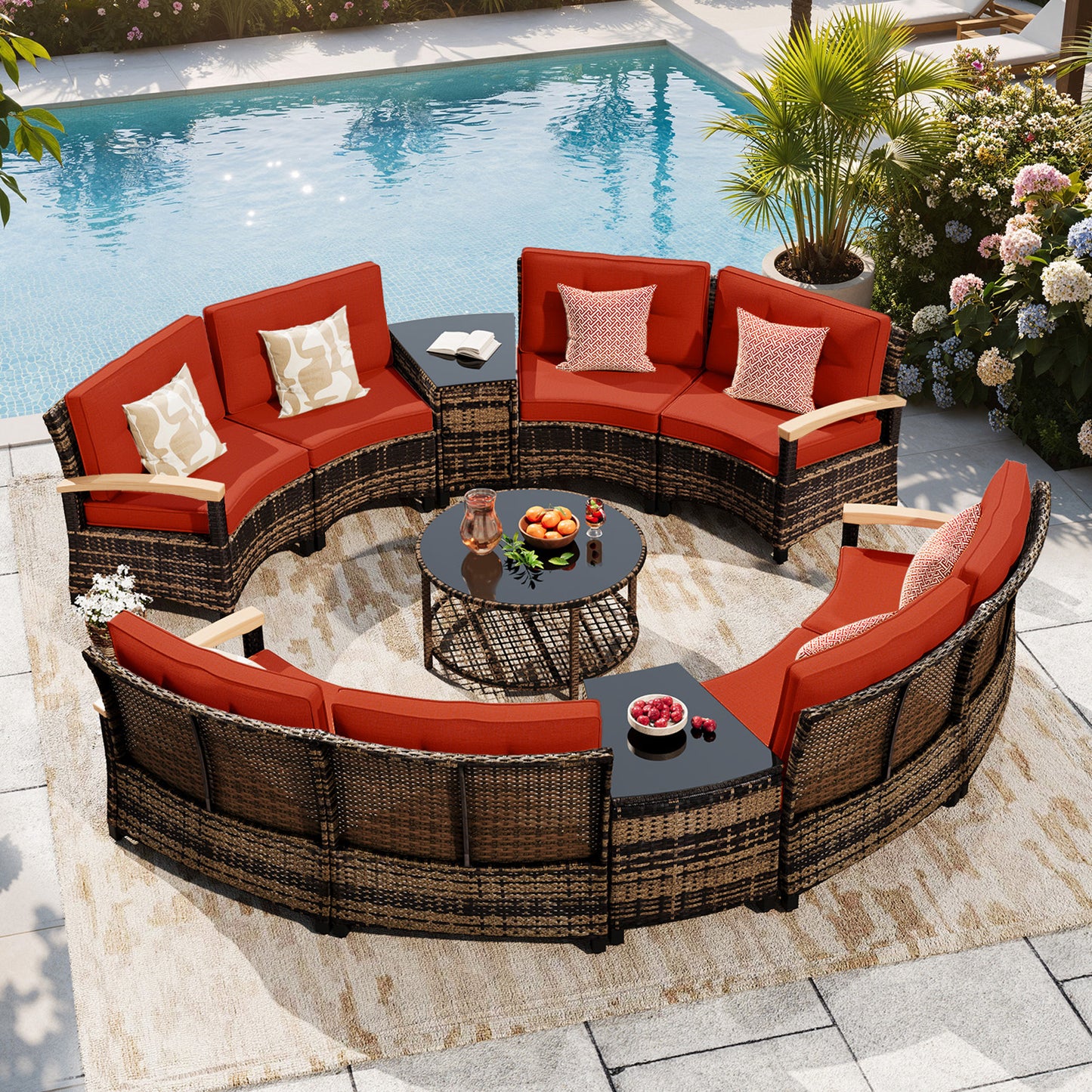 11 Piece Outdoor Half-Moon Sectional Patio Furniture Set  (YK-6016-A6)