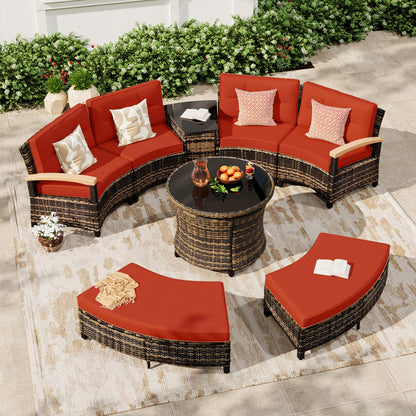 8 Pcs Half-Moon Rattan Outdoor Patio Furniture Set with Round Dining Table  (YK-6016-B1)