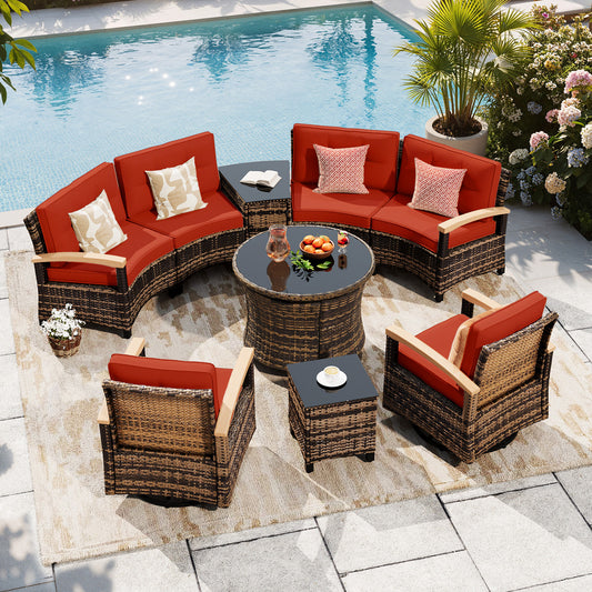 9 Piece Outdoor Half-Moon Sectional Patio Furniture Set with Dining Table  (YK-6016-B2)