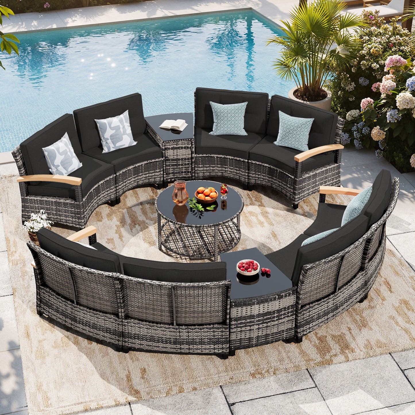 11 Piece Outdoor Half-Moon Sectional Patio Furniture Set  (YK-6016-A6)