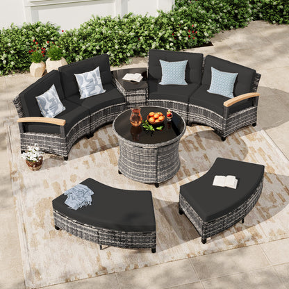 8 Pcs Half-Moon Rattan Outdoor Patio Furniture Set with Round Dining Table  (YK-6016-B1)