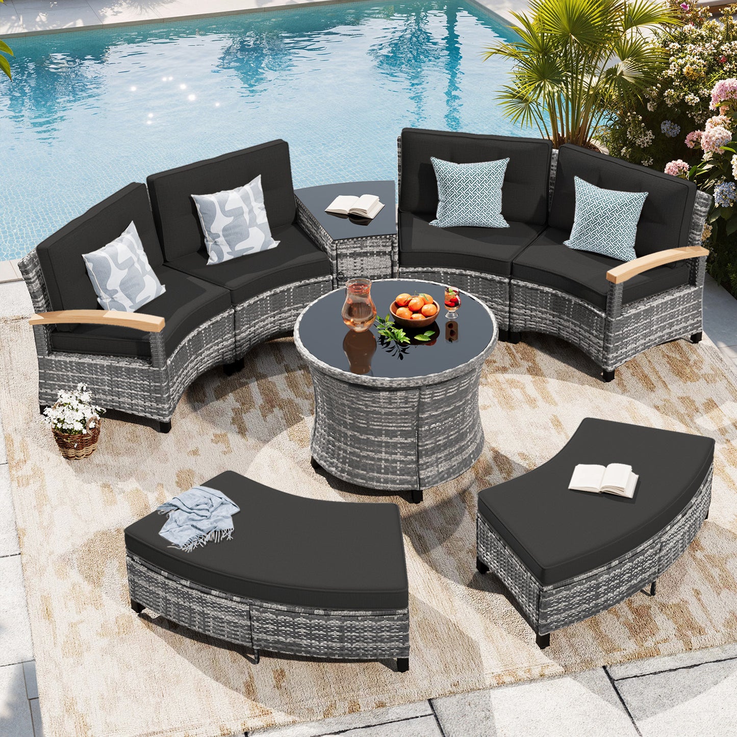 9 Piece Outdoor Half-Moon Sectional Patio Furniture Set with Dining Table  (YK-6016-B2)