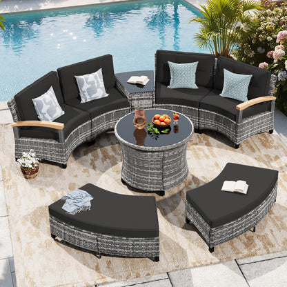 9 Piece Outdoor Half-Moon Sectional Patio Furniture Set with Dining Table  (YK-6016-B2)