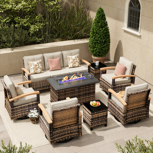 8 Pieces Patio Furniture Sets with Fire Pit Table,  Outdoor Rattan Furniture Conversation Sets (YK-6603)