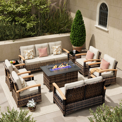 9 Pieces Patio Furniture Sets with Fire Pit Table,  Outdoor Rattan Furniture Conversation Sets (YK-6604)
