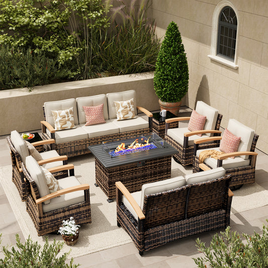9 Pieces Patio Furniture Sets with Fire Pit Table,  Outdoor Rattan Furniture Conversation Sets (YK-6604)
