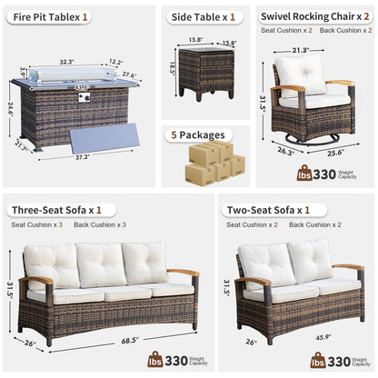 6 Pieces Patio Furniture Sets with Fire Pit Table,  Outdoor Rattan Furniture Conversation Sets (YK-6601)