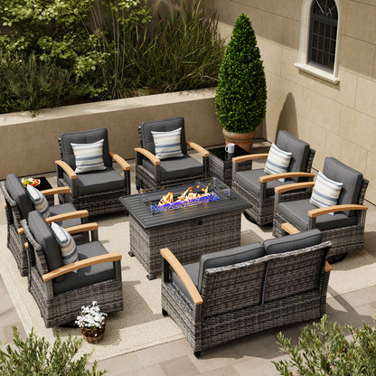 10 Pieces Patio Furniture Sets with Fire Pit Table,  Outdoor Rattan Furniture Conversation Sets (YK-6605)