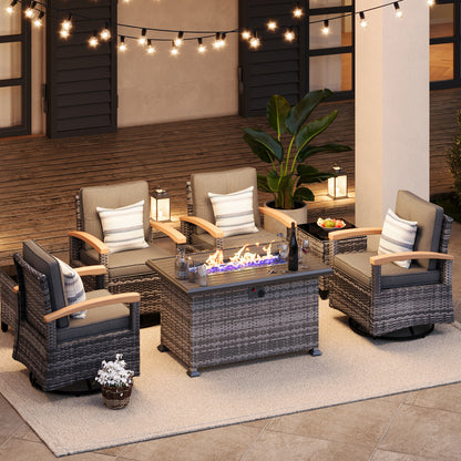 7 Pieces Patio Furniture Sets with Fire Pit Table,  Outdoor Rattan Furniture Conversation Sets (YK-6602)