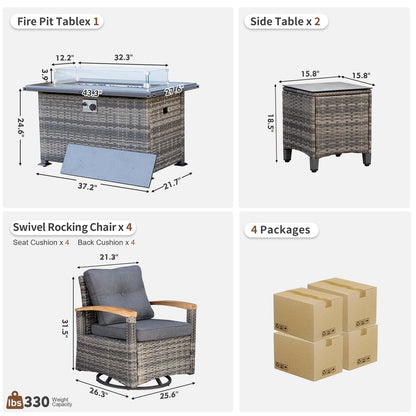 7 Pieces Patio Furniture Sets with Fire Pit Table,  Outdoor Rattan Furniture Conversation Sets (YK-6602)
