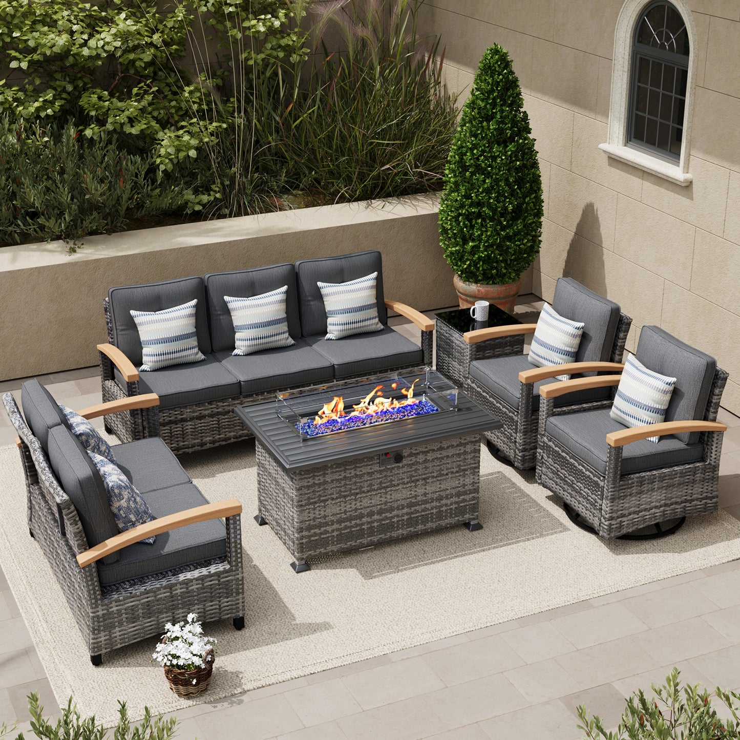 6 Pieces Patio Furniture Sets with Fire Pit Table,  Outdoor Rattan Furniture Conversation Sets (YK-6601)