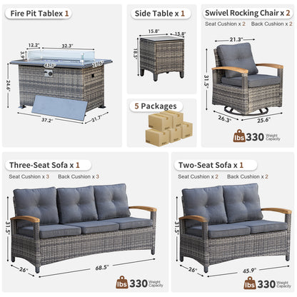 6 Pieces Patio Furniture Sets with Fire Pit Table,  Outdoor Rattan Furniture Conversation Sets (YK-6601)