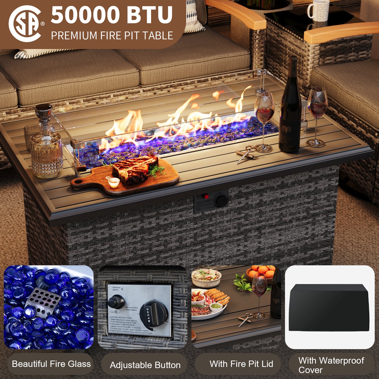 6 Pieces Patio Furniture Sets with Fire Pit Table,  Outdoor Rattan Furniture Conversation Sets (YK-6601)