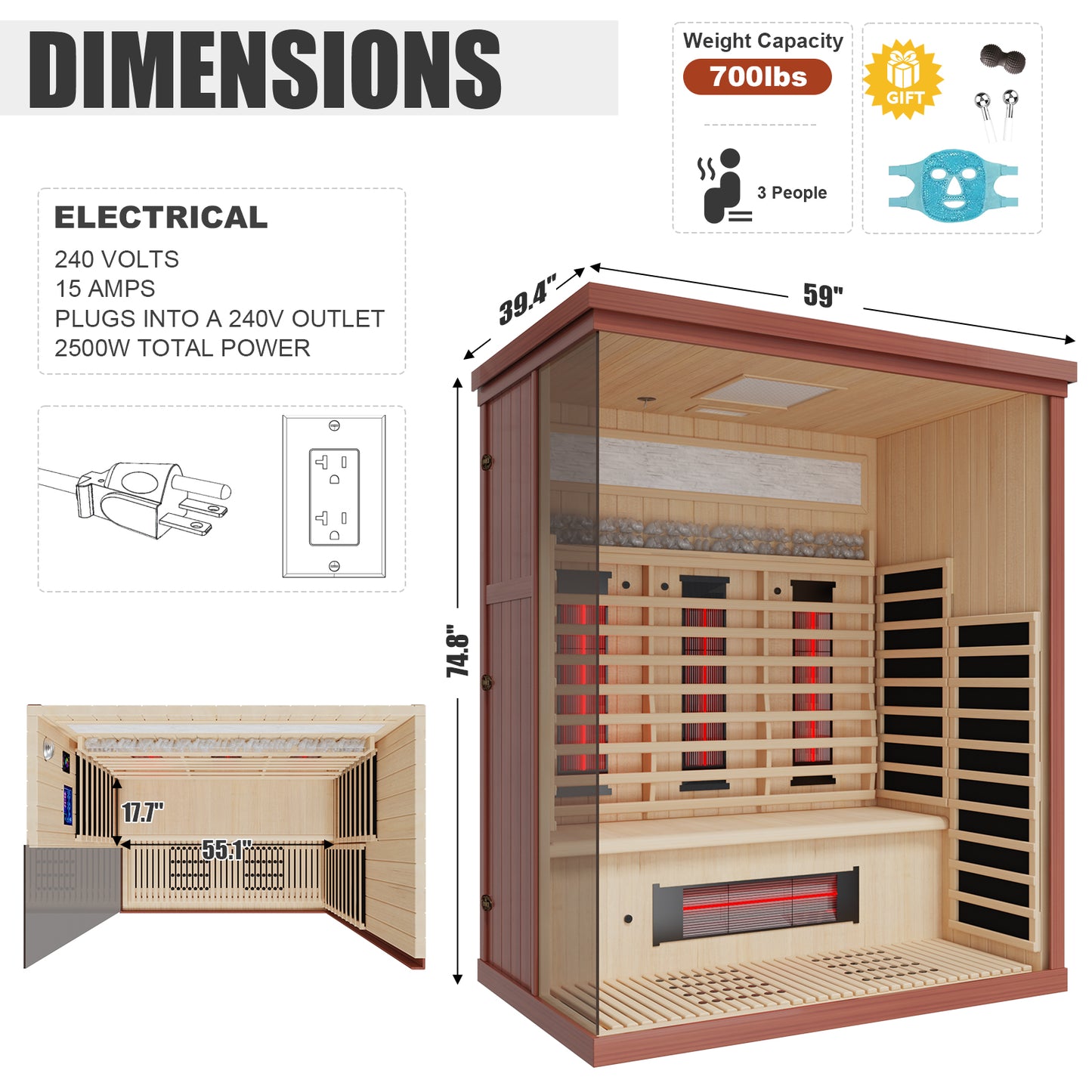 Full Spectrum Infrared Sauna Hemlock/Cedar Home Sauna - YK8005