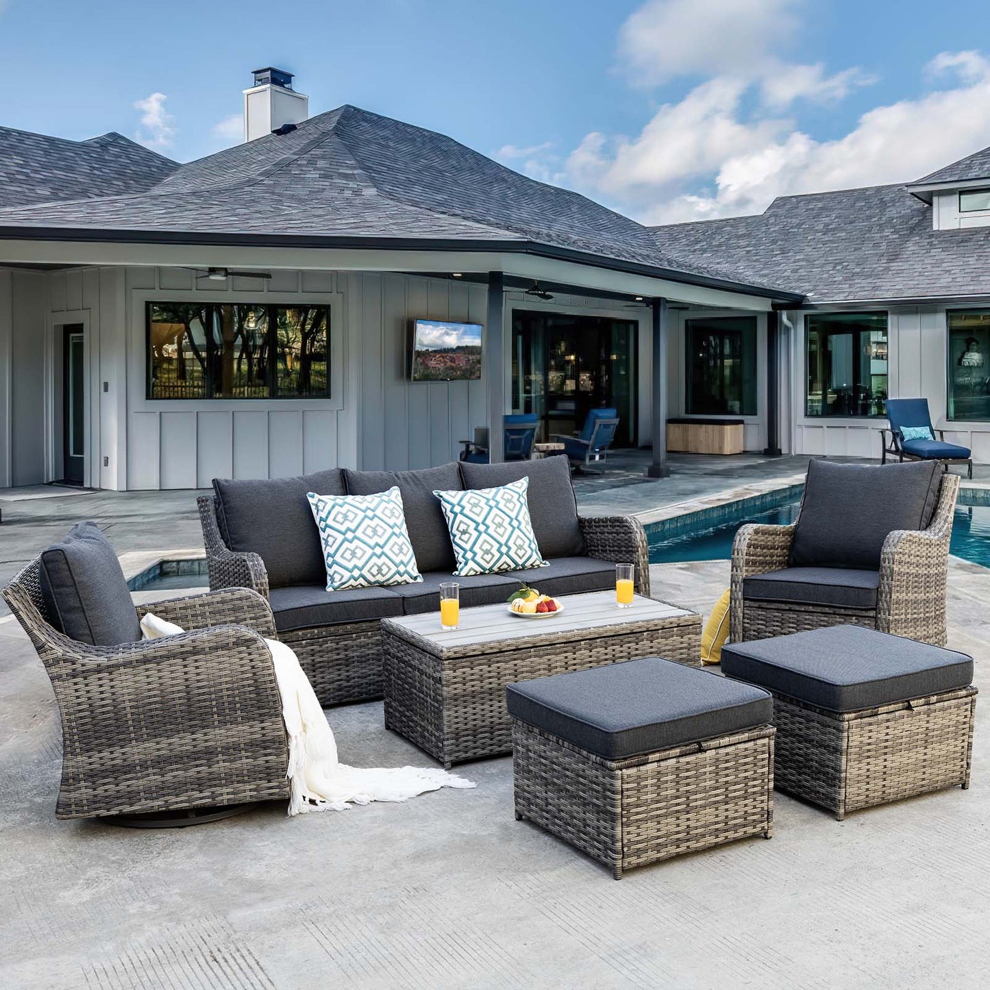 7 Piece Outdoor Rattan Patio Furniture Set, Swivel Rocker Chairs with Coffee Table  (YK-6013-A1)