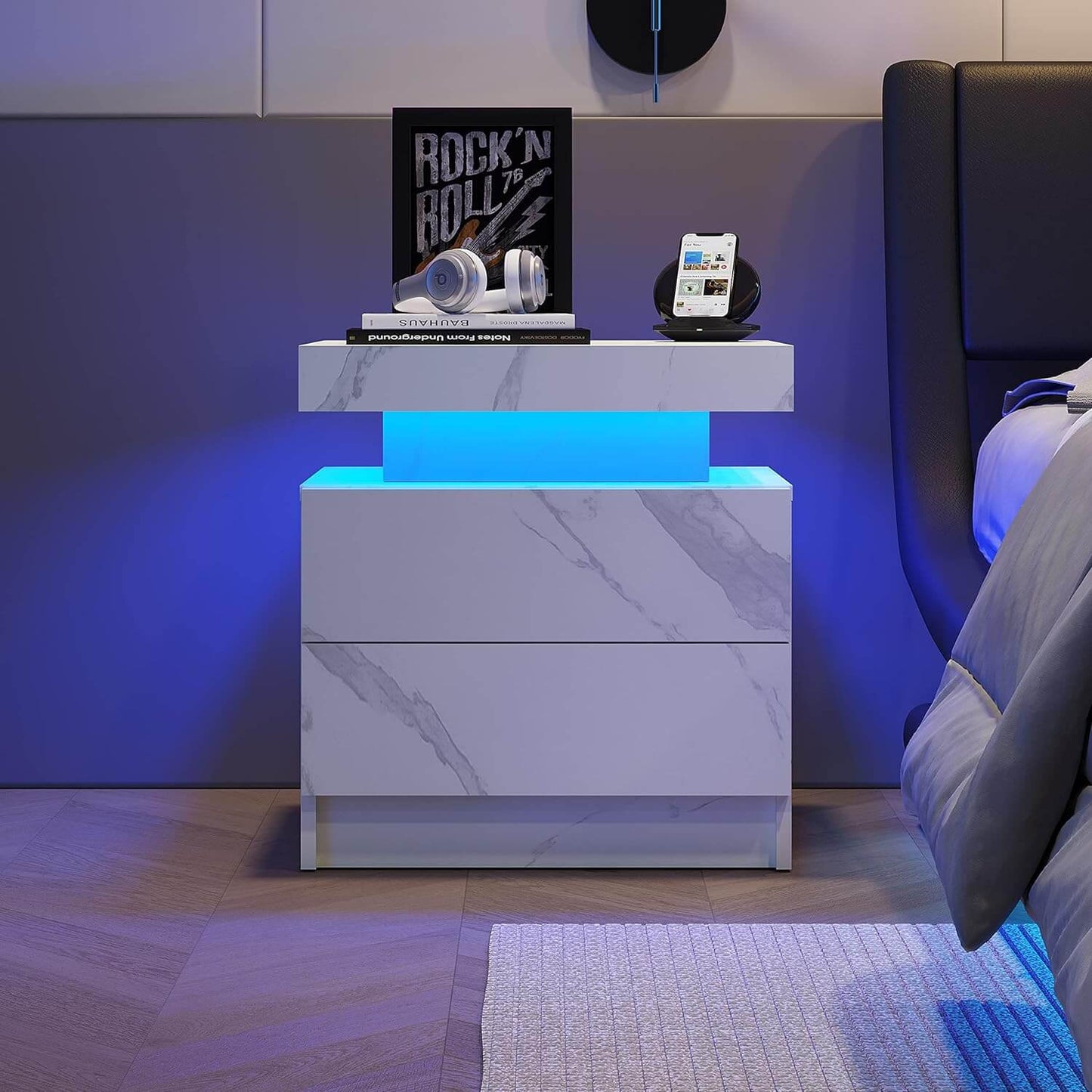 Nightstand LED Bedside Table Cabinet Lights End Side with 2 Drawers for Bedroom - Meissalivve