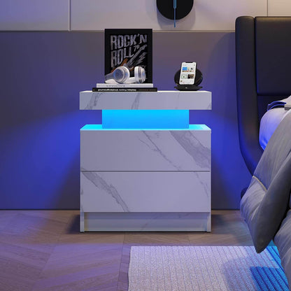 Nightstand LED Bedside Table Cabinet Lights End Side with 2 Drawers for Bedroom - Meissalivve