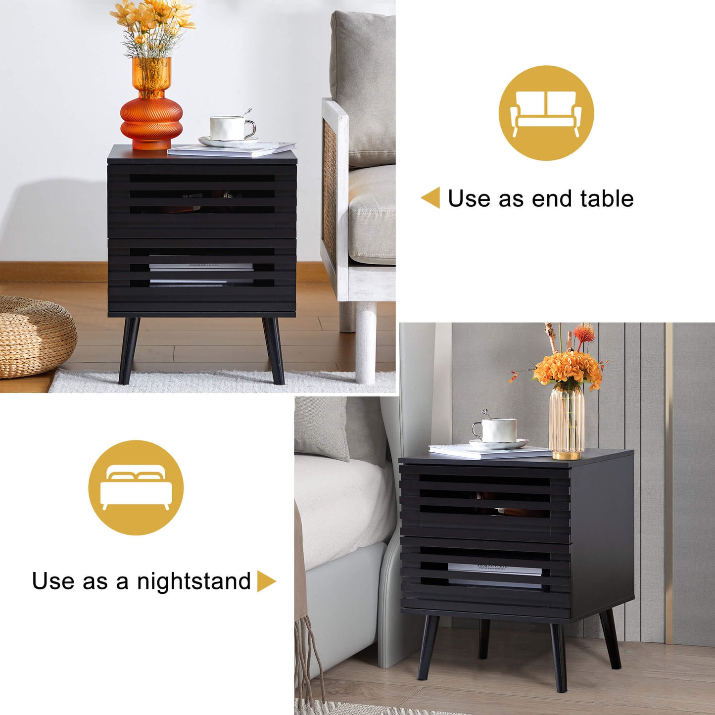 Nightstand Set of 2, Boho End Tables with 2 Hollowed-Out Drawers - Meissalivve